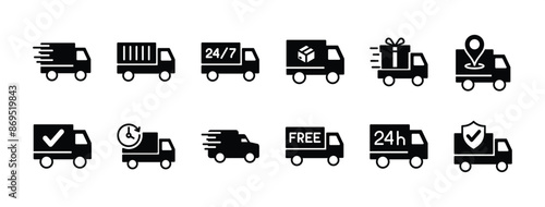 Delivery truck icon vector set. Containing express, fast, location, logistic, distribution, shipment, protection, 24 hours, free shipping, package, time, confirmation, tracking, and freight