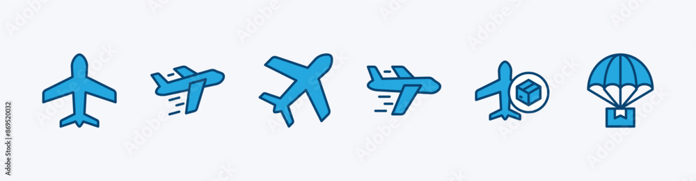 Fototapeta premium Set of air shipping icon. Containing plane, airplane, package, air balloon, aircrafts, aeroplane, transportation, airline, express, delivery, and logistic. Vector illustration