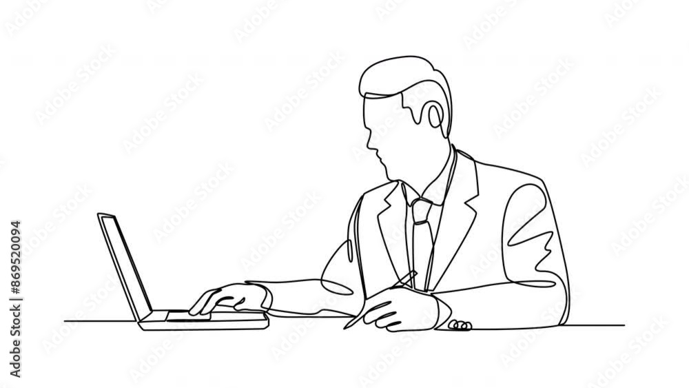 businessman working on laptop in a continuous line drawing. alpha channel. businessman working on laptop in a continuous line drawing. alpha channel.