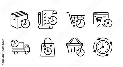 Order history thin line icon set. Containing package, checklist, cart, online shop, delivery or shipping, shopping bag, basket, time, purchase, checkout, buy, list, and payment. Vector illustration