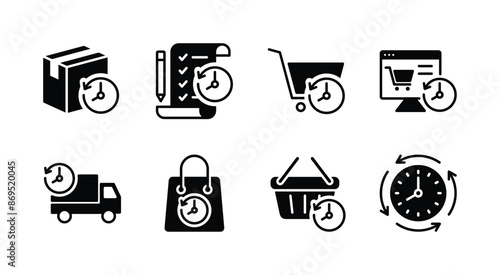 Order history flat icon set. Containing package, checklist, cart, online shop, delivery or shipping, shopping bag, basket, time, purchase, checkout, buy, list, and payment. Vector illustration