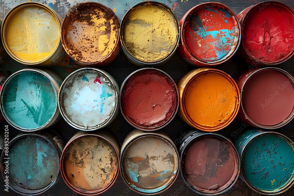 Top view of colorful paint cans arranged in a neat pattern, perfect for art, creativity, and DIY projects. Top view of colorful paint cans arranged in a neat pattern, perfect for art, creativity, and DIY projects.
