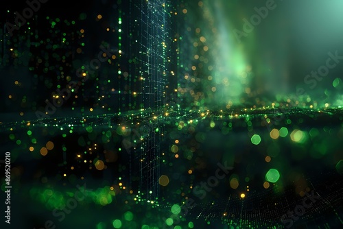 Abstract scene with green and yellow glowing lights, creating a futuristic and dynamic atmosphere. Ideal for themes of technology, innovation, and digital art. © Yuliia