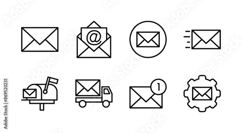 Mail, E-mail, email, envelope icon set for delivery and shipping. Containing send, inbox, contact us, electronic mail, newsletter, message, button, mailbox, post, and settings. Vector illustration