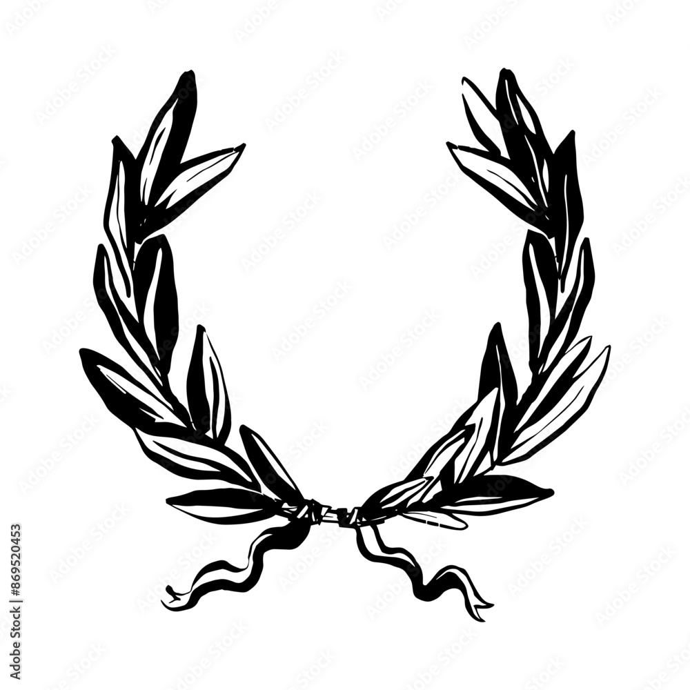 Obraz premium Laurel wreath with a ribbon, hand drawn engraving vector illustration, line art