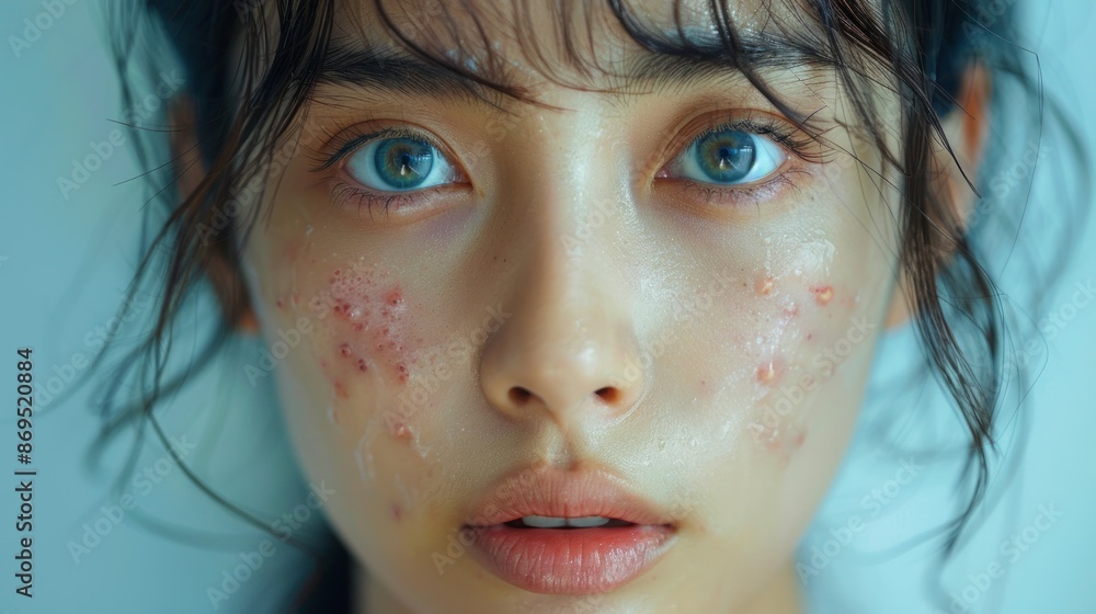 Teenager worry about acne and easily irritated skin conditions. sensitive skin and skin care concept. Teenager worry about acne and easily irritated skin conditions. sensitive skin and skin care concept.