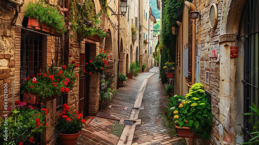 Fototapeta Charming, narrow street in Spello, an ancient town in Italy.