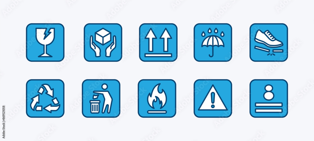 Set of fragile package icon. Delivery or shipping labels. Containing handle with care, side up, keep dry, step on, throw garbage, flammable, stack max, warning, recyclable, caution vector illustration Set of fragile package icon. Delivery or shipping labels. Containing handle with care, side up, keep dry, step on, throw garbage, flammable, stack max, warning, recyclable, caution vector illustration