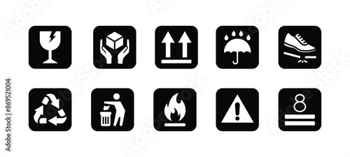 Fragile package flat icon vector set. Delivery or shipping labels. Containing handle with care, side up, keep dry, step on, throw garbage, flammable, stack max, warning, recyclable, caution