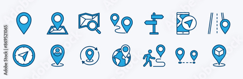 Set of map pin location icon. Containing marker, direction, route, navigation, GPS, compass, distance, path, you are here, tracking, pointer, destination, positioning, street board vector illustration
