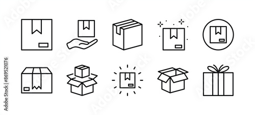 Delivery or shipping package box thin line icon set. Storage or container box. Containing parcel, cardboard, product, gift, surprise, shipment, merchandise, open. Vector illustration