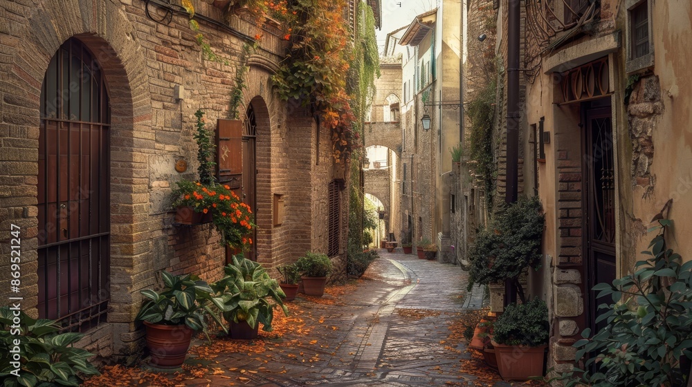 Charming, narrow street in Spello, an ancient town in Italy. Charming, narrow street in Spello, an ancient town in Italy.
