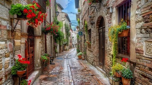 Charming, narrow street in Spello, an ancient town in Italy.