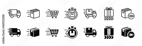 Fast delivery line and flat icon set. Express, speed or quick shipping. Containing package, parcel, cargo, truck, shopping cart, time, moving. Vector illustration