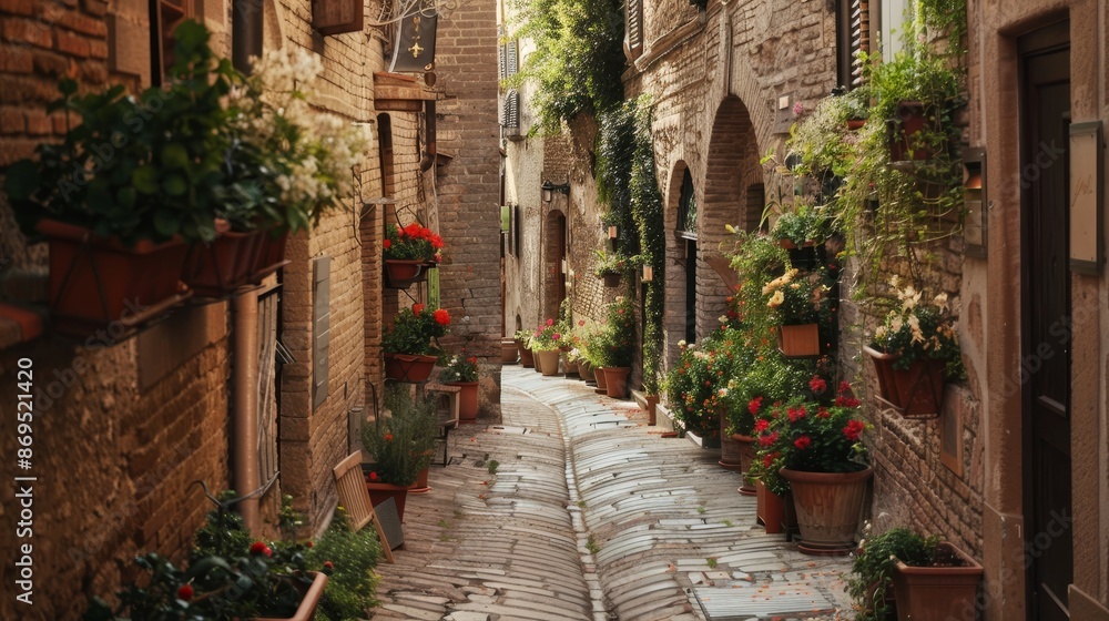 Fototapeta premium Charming, narrow street in Spello, an ancient town in Italy.