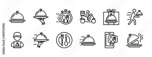 Food delivery thin line icon vector set. Express, fast, speed or quick service for shipping catering order online. Containing tray, cloche, courier, time, fork, spoon, plate, package, waiter