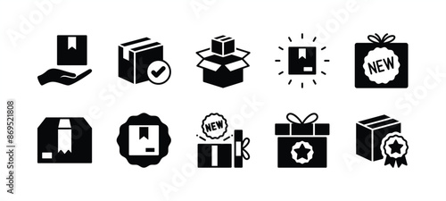 New product flat icon set. Containing package, parcel, packet, gift, delivery cardboard box, recommendation, top seller, open shipping box or unboxing, carton boxes, brand. Vector illustration