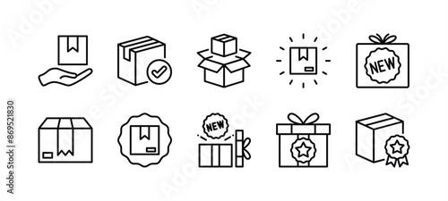 New product thin line icon set. Containing package, parcel, packet, gift, delivery cardboard box, recommendation, top seller, open shipping box or unboxing, carton boxes, brand. Vector illustration