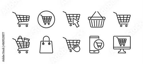 Shopping cart thin line icon vector set. Containing bag, basket, full, empty, online shop business, click button. Purchase, buy, sell, and sale in supermarket with cart for app and website