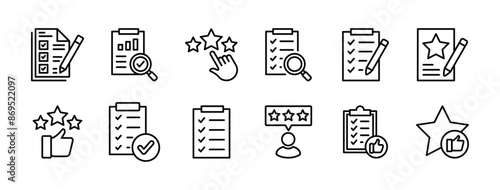 Feedback, rating, review, satisfaction, positive comment, like, opinion, and evaluation icon set. Containing star, checklist, thumb up, customer service, good support, survey, and analysis result