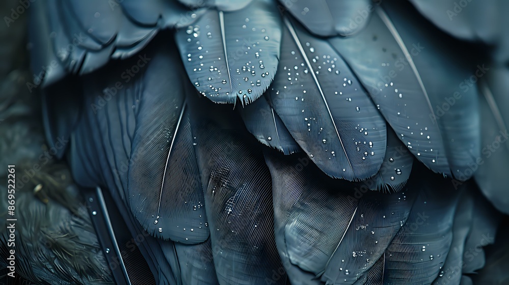 Obraz premium Close-up of dark feathers with water droplets, perfect for luxury branding, nature-themed designs, and artistic projects. Ideal for adding texture and elegance to creative works.
