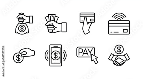 Money thin line icon set. Containing payment, click pay button, paying with coin, cash, agreement, atm card, transfer, paid, banking, credit, debit. Vector illustration