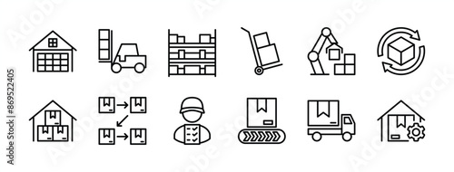 Logistics warehouse thin line icon vector set. Containing storehouse, stock, package storage, machine, process, cargo truck, courier, step and productivity, forklift, freight, lorry, moving