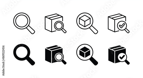 Search or find package, parcel line and flat icon set. Containing magnifying glass, magnifier with cardboard box, loupe with product and check mark. Vector illustration