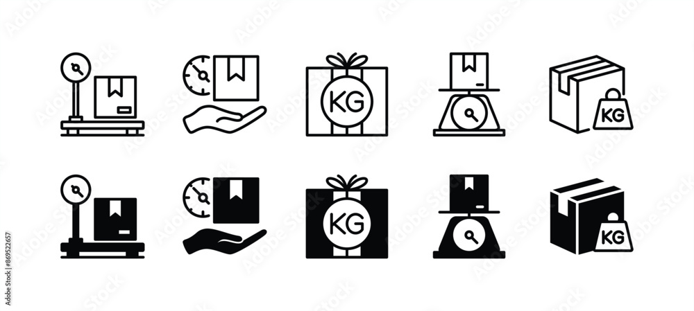 Package delivery weight flat and thin line icon set. Containing heavy, scales, parcel, packet, kilogram, cardboard box, shipping, and shipment. Vector illustration Package delivery weight flat and thin line icon set. Containing heavy, scales, parcel, packet, kilogram, cardboard box, shipping, and shipment. Vector illustration