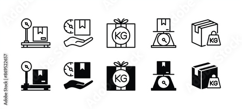 Package delivery weight flat and thin line icon set. Containing heavy, scales, parcel, packet, kilogram, cardboard box, shipping, and shipment. Vector illustration