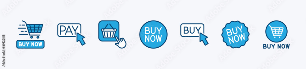 Set of buy or shop now button icon. Containing click arrow with shopping cart, online shop, purchase for app and website. Vector illustration
