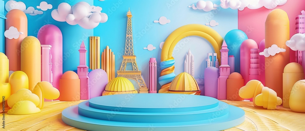 Vibrant 3D Paris Backdrop with Empty Podium for Playful Presentations Events Vibrant 3D Paris Backdrop with Empty Podium for Playful Presentations Events