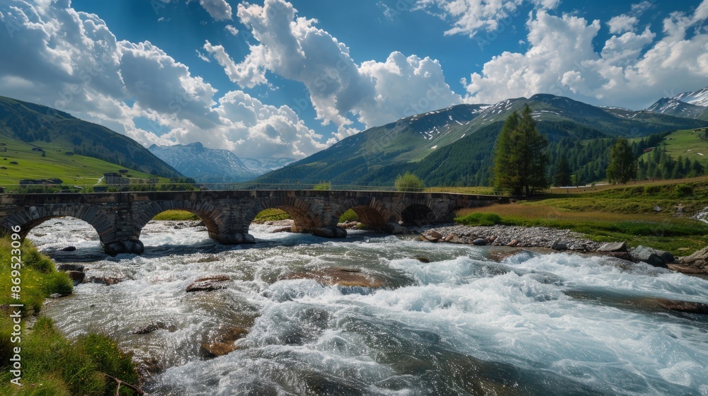 Fototapeta premium Livigno, Italy. The torrent flows through the Ponte delle Capre (Bridge of the Goats) into the lake of Livigno.