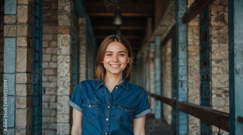 Photo portrait of beautiful girl in blue tshirt and jeans