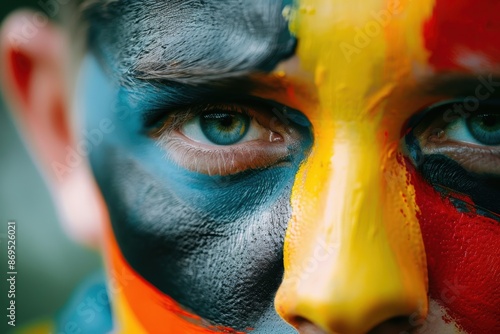 Attractive male fan of the German national team painted a flag with sorrowful, angry, and disappointed emotions facing the camera. photo