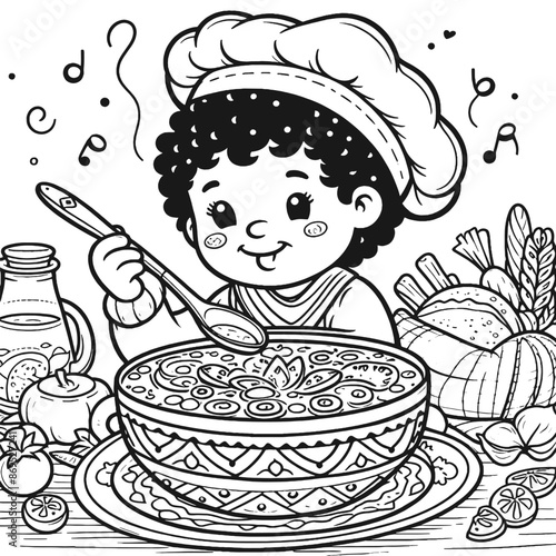 Boy cook tries the prepared dish. Generative ai vector.