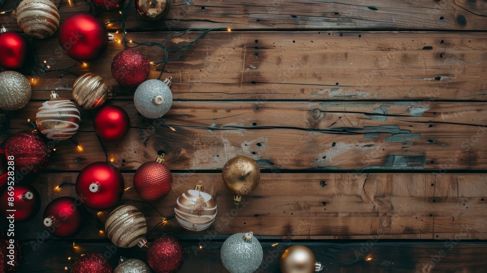 Naklejka premium Christmas ball ornaments laid out on a wooden floor, desktop background