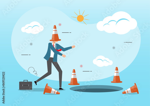 Businessman cover with pylon walking to fall