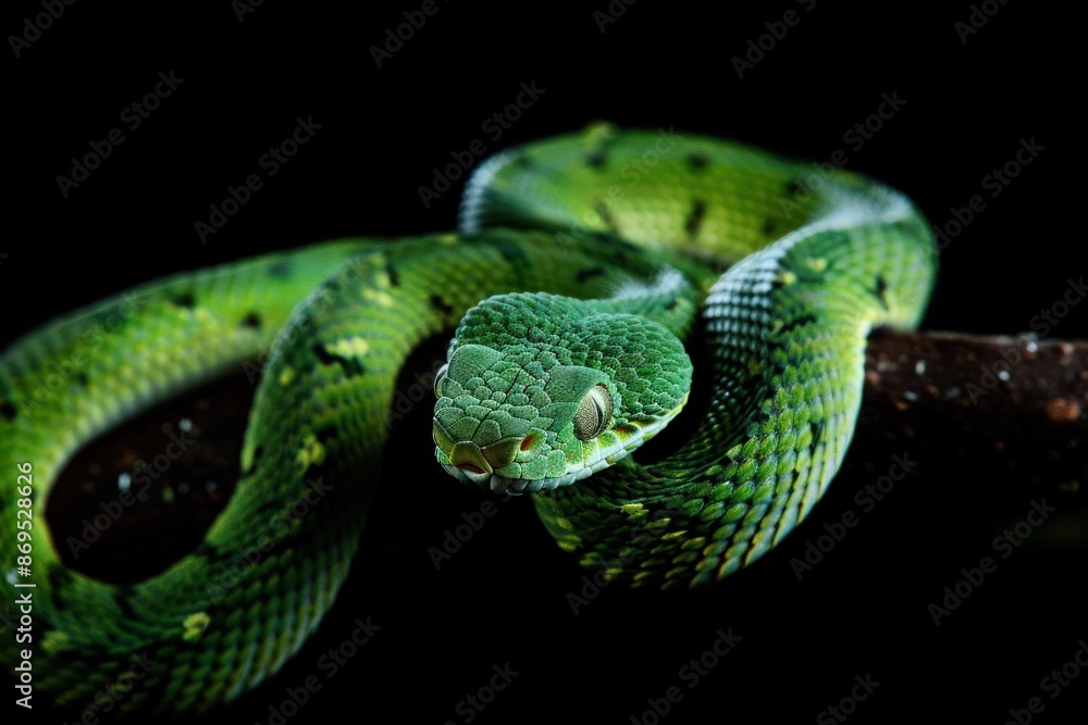 green python, viper snake coiled on a branch against a black background, wildlife photography green python, viper snake coiled on a branch against a black background, wildlife photography