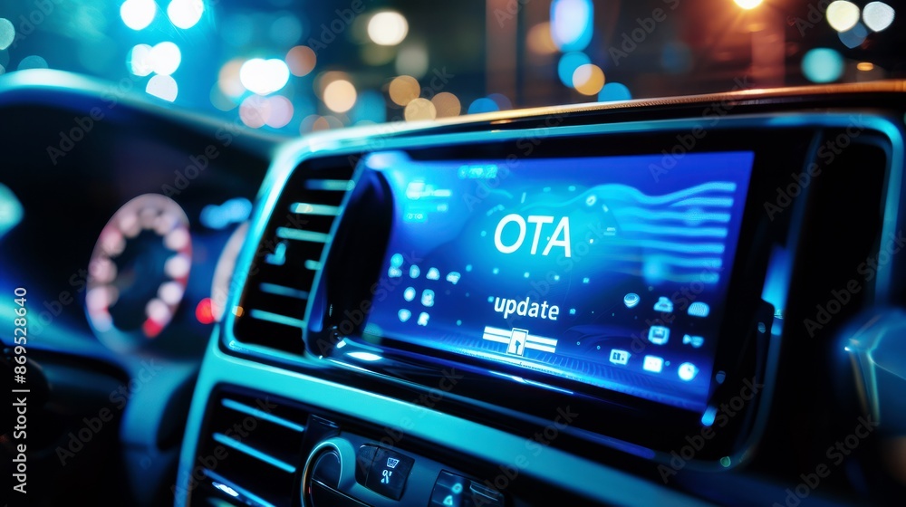 car dashboard display showing over-the-air (ota) firmware update in progress, modern automotive technology and connectivity
