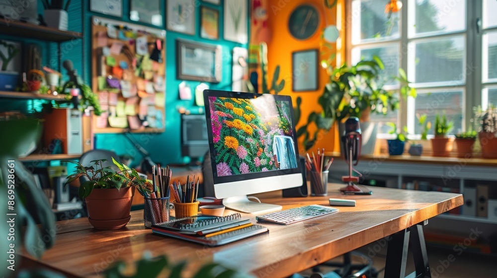 Brightly lit home office interior with computer, art supplies, and house plants. Concept of creative workspace, freelance, design, and art studio. Brightly lit home office interior with computer, art supplies, and house plants. Concept of creative workspace, freelance, design, and art studio.