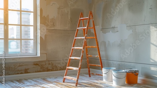 A wooden ladder stands in an empty room with paint cans and a window, suggesting a home renovation project in progress. photo