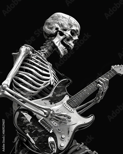 skeleton playing guitar in a heavy metal band graphic on a solid black background.generative ai