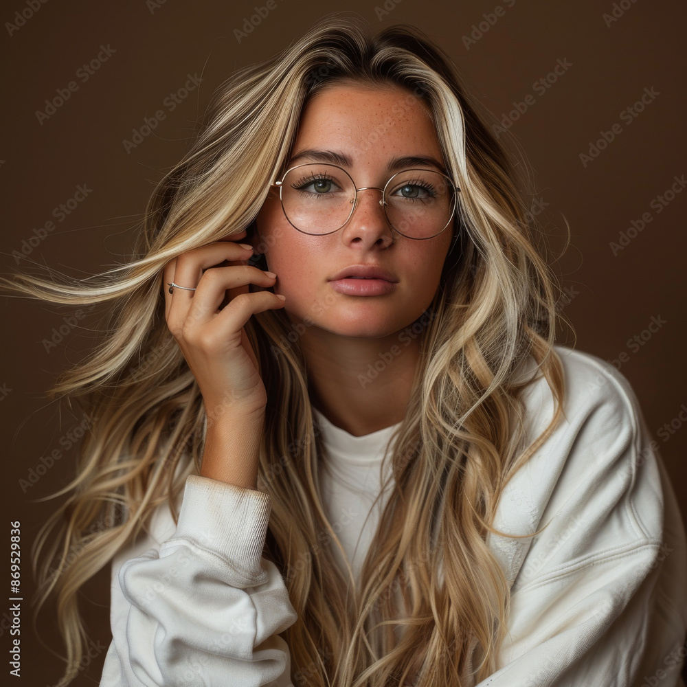 A beautiful woman with long blonde hair looking directly at the camera with one hand touching her face against a brown studio background A beautiful woman with long blonde hair looking directly at the camera with one hand touching her face against a brown studio background