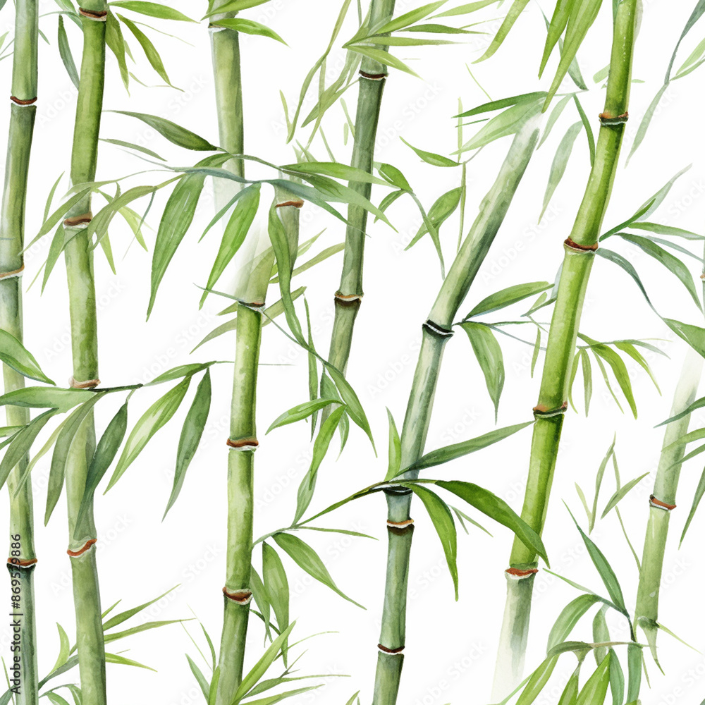 Green leaves and bamboo stalks on a white background, watercolor illustration, seamless pattern. Green leaves and bamboo stalks on a white background, watercolor illustration, seamless pattern.