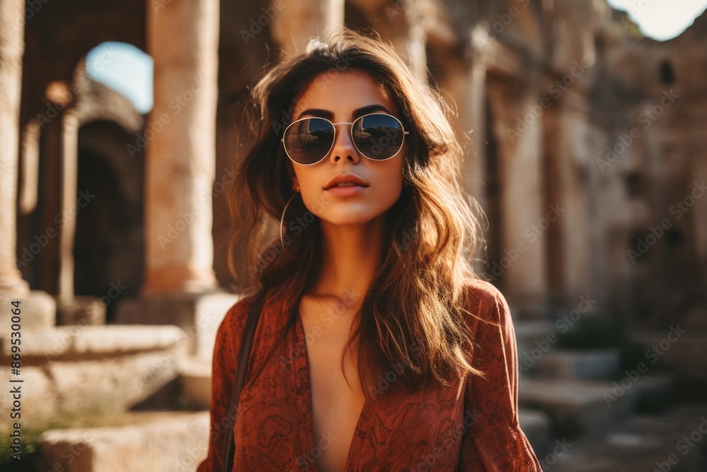 Portrait of a glad woman in her 20s wearing a trendy sunglasses in front of backdrop of ancient ruins Portrait of a glad woman in her 20s wearing a trendy sunglasses in front of backdrop of ancient ruins