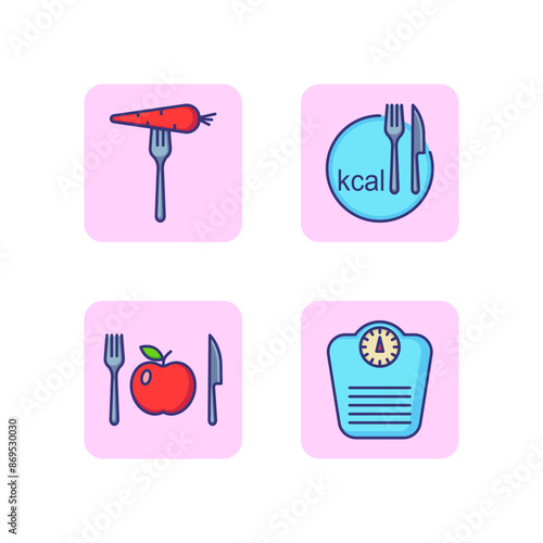 Diet plan line icon set. Kcal, eating carrot, scale and healty lifestyle. Counting calories concept. Vector illustration for web design and apps