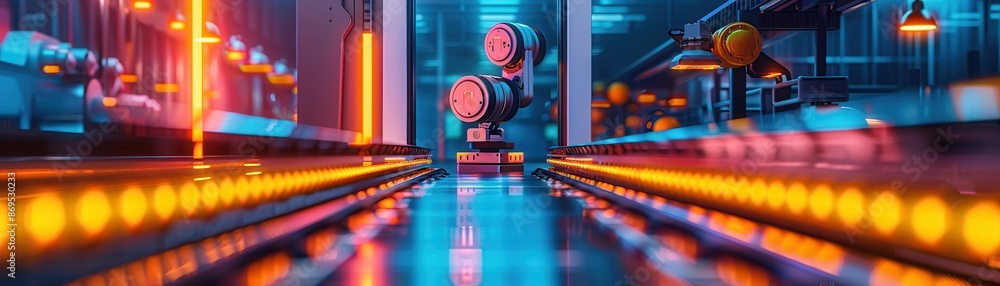 Futuristic factory interior with vibrant neon lights and advanced ...