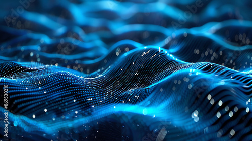 Blue circles form waves around a digital landscape, creating a futuristic and abstract design. The 3D rendering depicts the concept of big data. photo