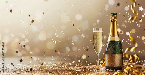 Champagne Bottle and Glass With Gold Confetti and Ribbons